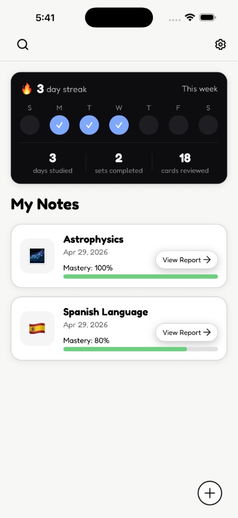 Notario app showing My Notes dashboard with streak tracker and mastery progress